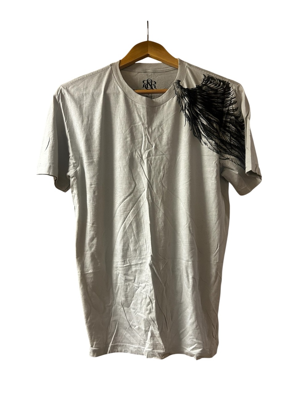 Men's light grey Y2K Rock & Republic Tee with Black Feather Design